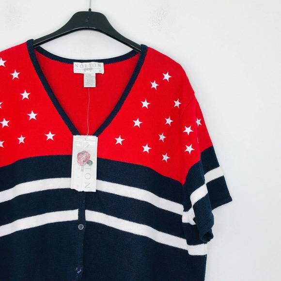 Norton Studio 3X Sweater Red Blue Stars Stripes Short Sleeve Patriotic NWT CG11 - Picture 2 of 5